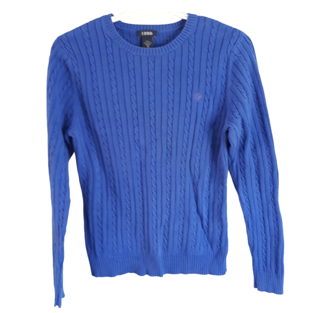 Blue Cable Knit Crew Neck Cotton Sweater